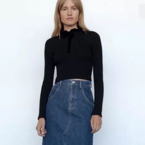 New with tags. Zara black ribbed crop top with velvet black bow. #NWT